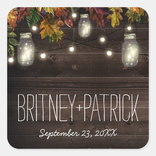 Sticker Carré Rustique Leaf Firefly Mason Jar Mariage Faveurs (Devant)