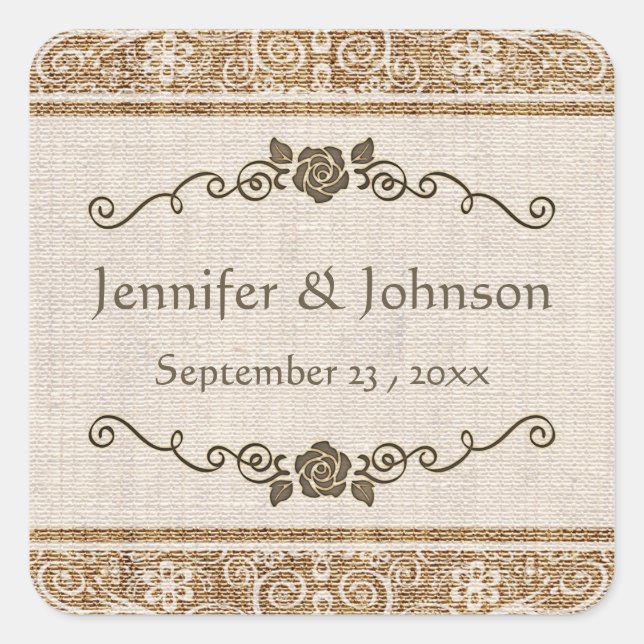 Sticker Carré Rustique Mariage de dentelle Burlap (Devant)