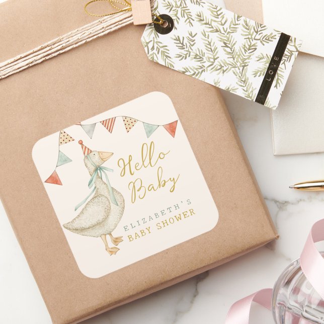 Sticker Carré Rustique mignonne Bonjour Bébé Baby shower canard (Créateur téléchargé)