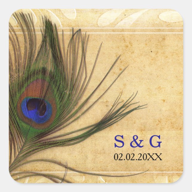 Sticker Carré Rustique Peacock Feather mariage faveurs autocolla (Devant)