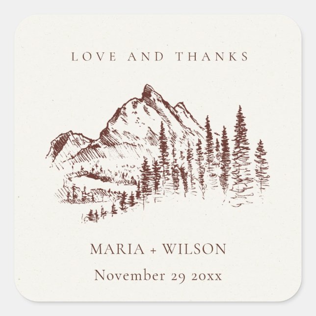 Sticker Carré Rustique Pine rouille Woods Mountain Sketch Mariag (Devant)