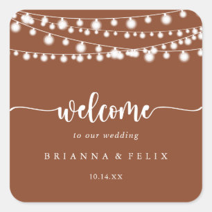 Sticker Carré Rustique String Lights Terracotta Mariage Bienvenu
