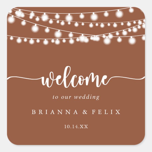 Sticker Carré Rustique String Lights Terracotta Mariage Bienvenu (Devant)