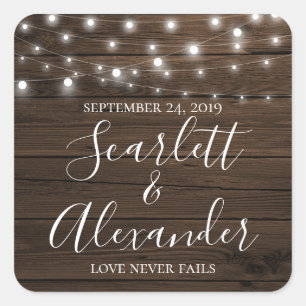 Sticker Carré Rustique String Lumières Mariage en bois Date