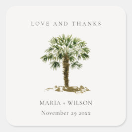 Sticker Carré Rustique Tropical Beach Palm Tree Mariage Merci