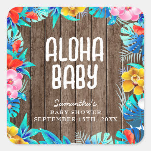 Sticker Carré Rustique Tropical Palm Feuilles Baby shower Aloha