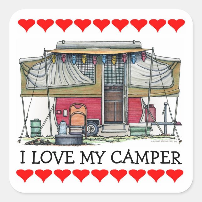 Sticker Carré RV Cute Popup Camper Travel Trailer (Devant)