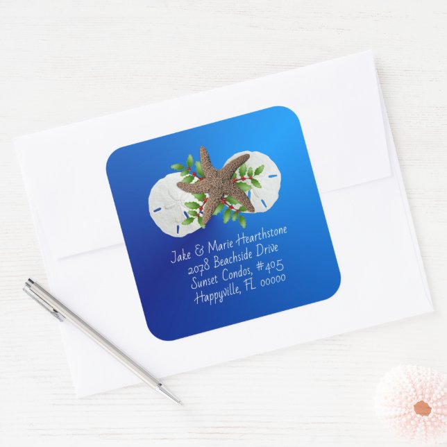 Sticker Carré Sable Dollars Starfish Blue Adresse Enveloppe Scea (Enveloppe)