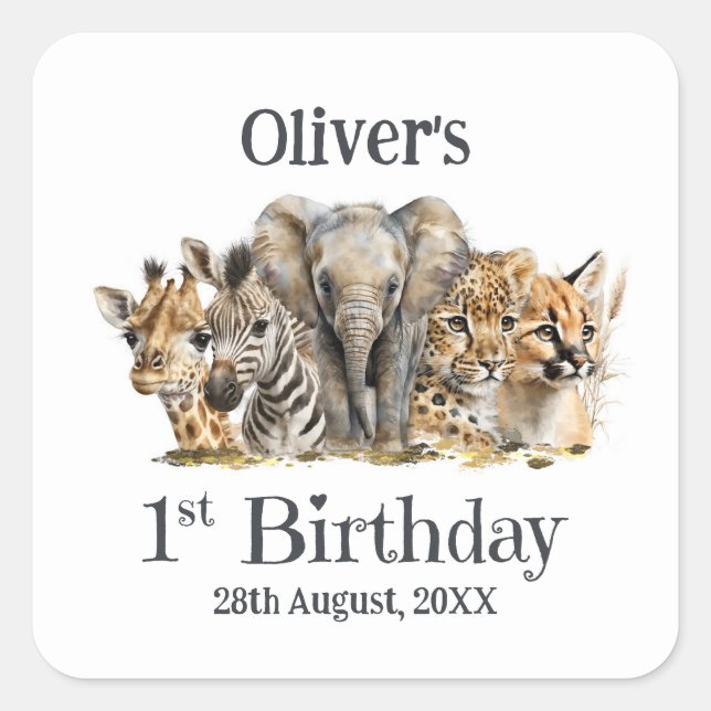 Sticker Carré Safari Animaux 1er anniversaire (Devant)