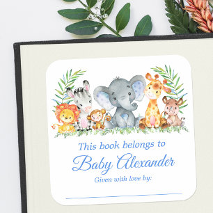 Sticker Carré Safari Animaux Baby shower Blue Bookplate Étiquett