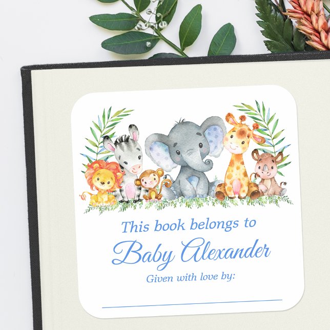 Sticker Carré Safari Animaux Baby shower Blue Bookplate Étiquett (Customize to change text size, color or text style.)