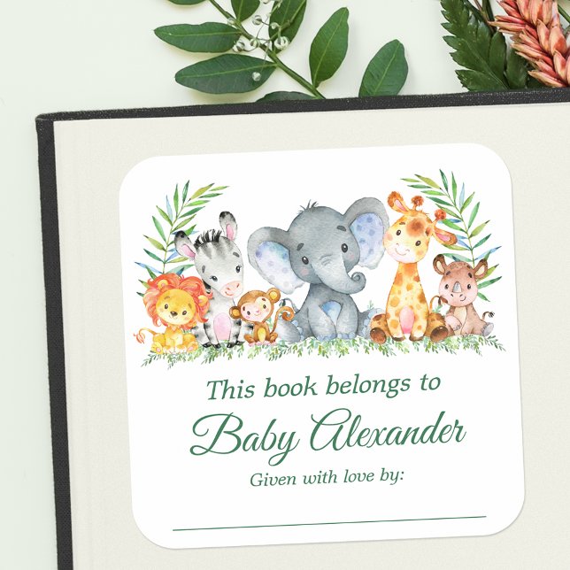 Sticker Carré Safari Animaux Baby shower Green Bookplate Étiquet (Customize to change text size, color or text style.)