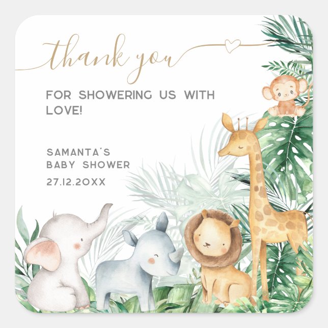 Sticker Carré Safari Bébé Animaux Baby shower vert Merci (Devant)