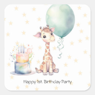 Sticker Carré Safari Giraffe Balloon Gâteau 1er. Fête d'annivers