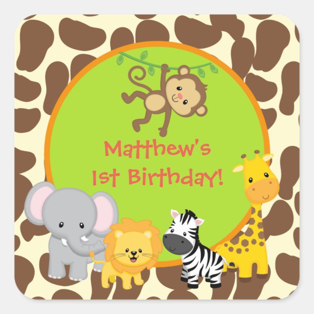 Sticker Carré Safari Jungle Animal fête d'anniversaire favoriser (Devant)