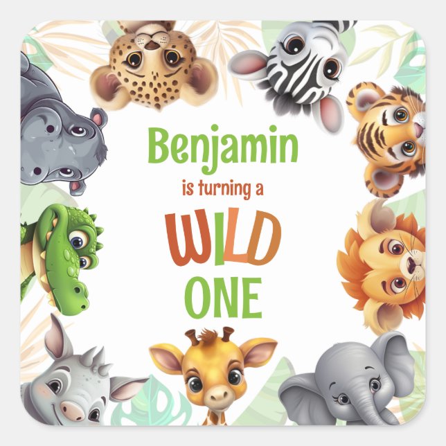 Sticker Carré Safari Jungle Animal Fête d'Anniversaire sauvage p (Devant)