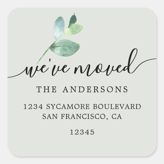 Sticker Carré Sage Eucalyptus We’ve Moved New Address Label (Devant)
