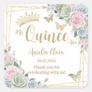 Sticker Carré Sage Green Blush rose Floral Papillon Quinceanera