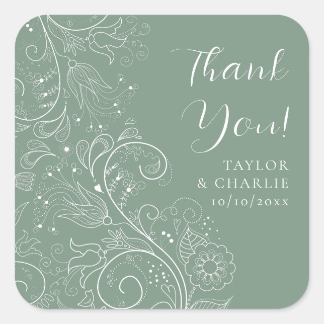 Sticker Carré Sage Green Élégant Mariage Floral Merci (Devant)