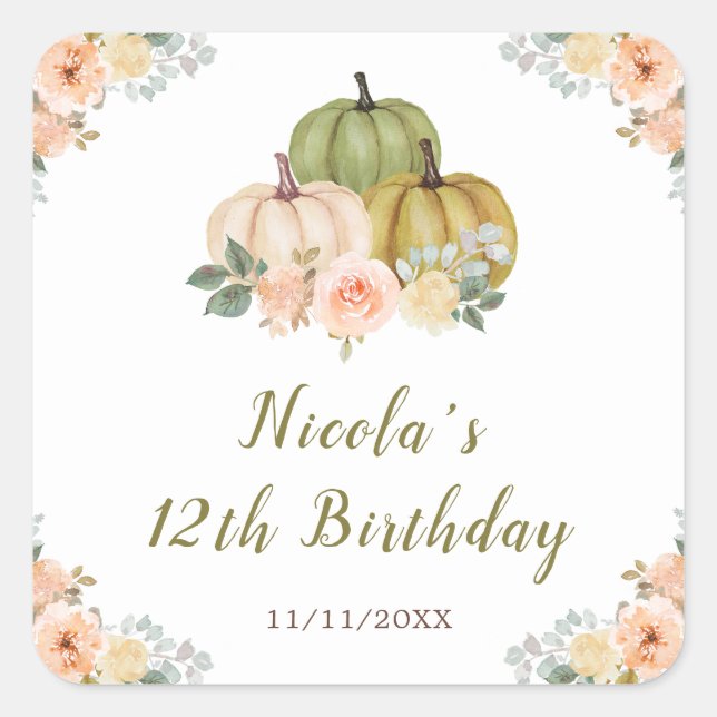 Sticker Carré Sage Green et Peach Floral Citrouille Anniversaire (Devant)