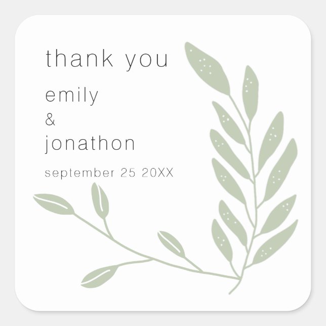 Sticker Carré Sage Green Feuilles Noms de date Mariage (Devant)