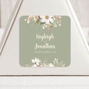 Sticker Carré Sage Green Moderne Aquarelle Mariage Floral