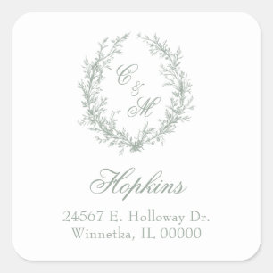 Sticker Carré Sage Green Monogramme Floral Wreath Mariage
