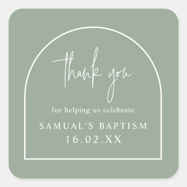 Sticker Carré Sage Vert Arc Moderne Minimal Christening Favorise (Devant)