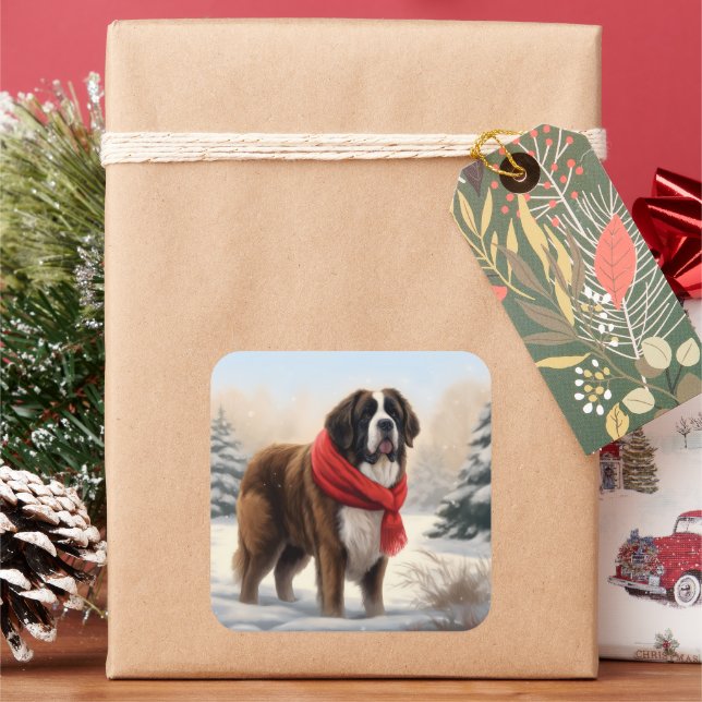 Sticker Carré Saint Bernard Chien à Noël de neige (vacances)