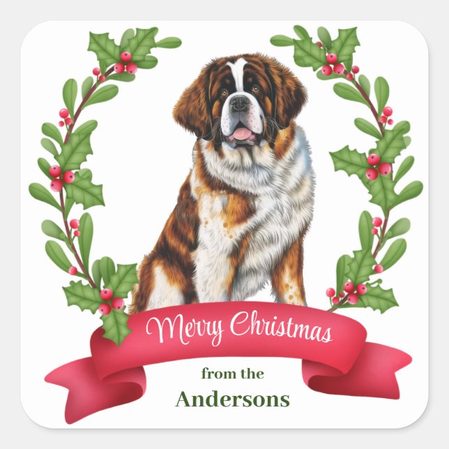 Sticker Carré Saint Bernard Dog Holly Bannière Noël (Devant)