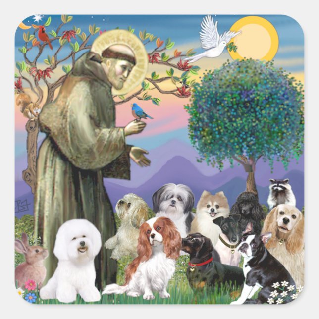 Sticker Carré Saint François avec 10 Chiens (Devant)