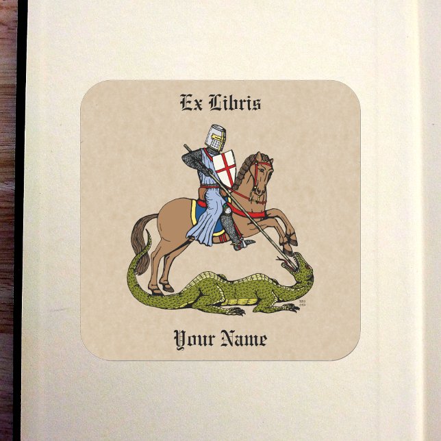 Sticker Carré Saint George et la plaque d'immatriculation du Dra (13th Century Saint George and the Dragon Bookplate in Old Book)