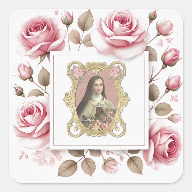 Sticker Carré Saint-Thérèse de Lisieux Aquarelle Roses roses (Devant)
