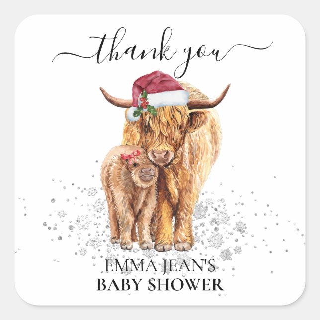 Sticker Carré Saint-Vache Highland Calf Baby shower Noël (Devant)