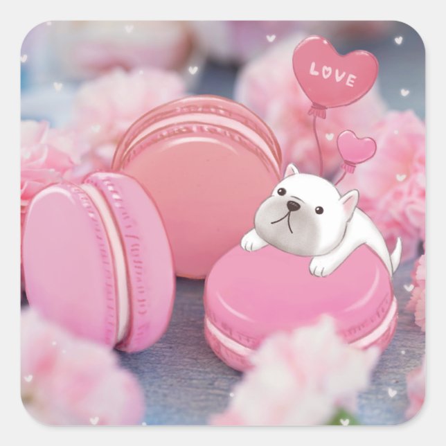 Sticker Carré Saint-Valentin : Chien de taureau, Macarons et Fle (Devant)