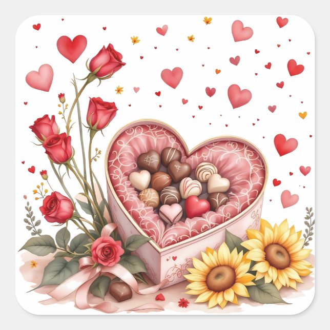 Sticker Carré Saint Valentin Coeurs, Roses et chocolats (Devant)