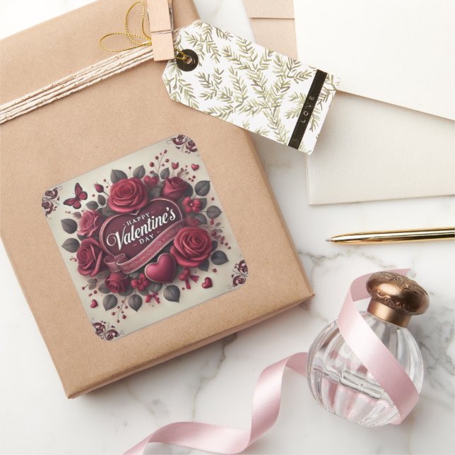Sticker Carré Saint Valentin Design avec Roses et coeur (Cadeaux)