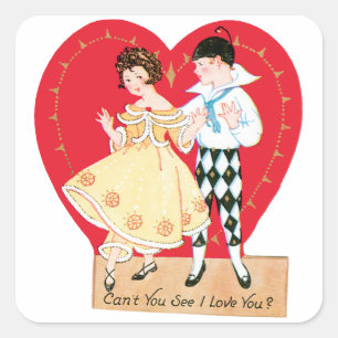 Sticker Carré Saint-Valentin rétro, Arlequin et cœur vintage