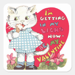 Sticker Carré Saint-Valentin Rétro Vintage Chat Mangeant une Crè
