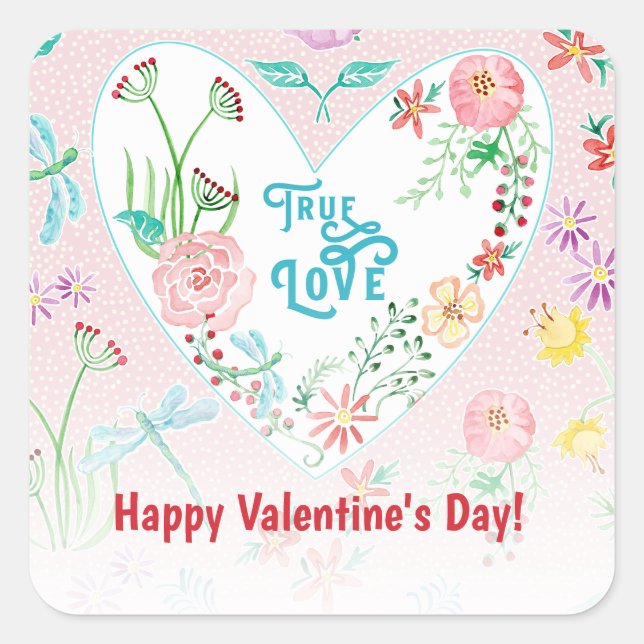 Sticker Carré Saint Valentin Véritable Amour Coeurs et Fleurs (Devant)