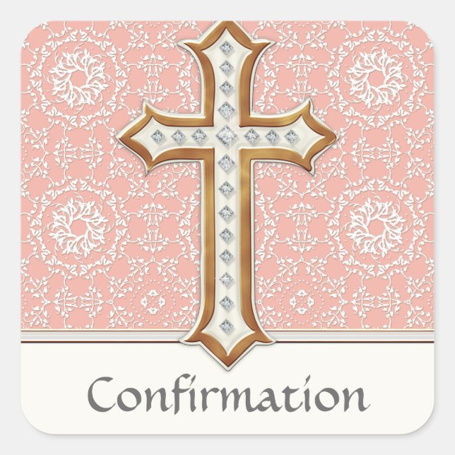Sticker Carré Sainte Première Communion Gold Croix de dentelle (Devant)