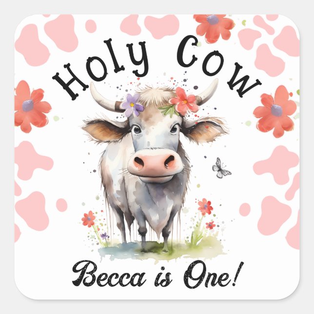Sticker Carré Sainte vache 1er anniversaire fille (Devant)
