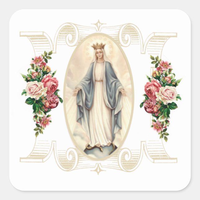 Sticker Carré Sainte Vierge Marie Catholique Religieuse Florale (Devant)