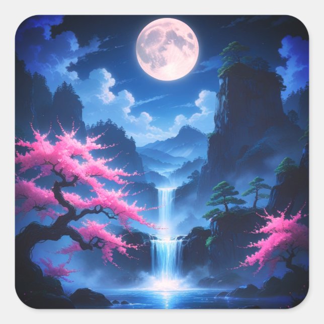 Sticker Carré Sakora tree -Moonlit Waterfall with Cherry-nature (Devant)