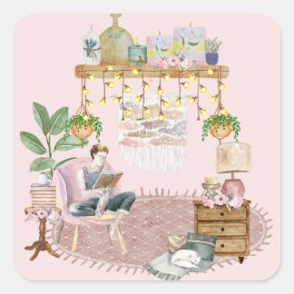 Sticker Carré Salle de lecture Boho