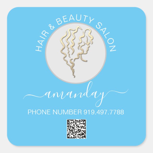 Sticker Carré Salon de beauté Coiffure Logo Bleu QR CODE (Devant)