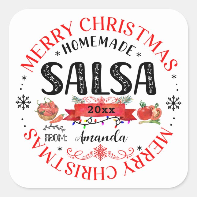 Sticker Carré Salsa Maison Joyeux Noël Nom couvercle Jar (Devant)