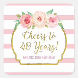 Sticker Carré Salutations à 40 ans Anniversaire rose Fleurs
