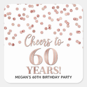 Sticker Carré Salutations à 60 Anniversaire Rose Gold Confetti