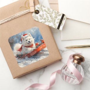 Sticker Carré Samoyé Chien dans la boue Laisser il neige Noël